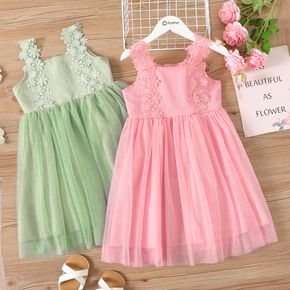 Kid Girl Floral Design Solid Color Mesh Strap Dress