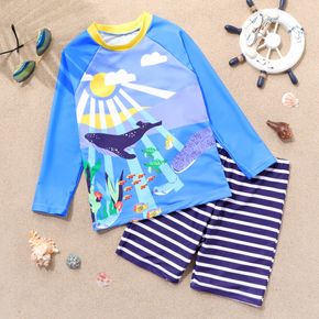 2-piece Kid Boy Whale Print Long-sleeve Top and Stripe Shorts Swimsuit Set