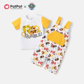 PAW Patrol 2pcs Toddler Boy Letter Print Colorblock Cotton Short-sleeve Tee and Pocket Design Overalls Set