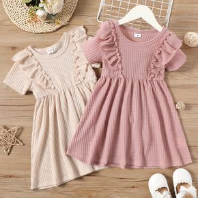 Toddler Girl Solid Color Ruffled Waffle Short-sleeve Dress