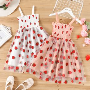 Kid Girl Strawberry Print Smocked Mesh Design Cami Dress