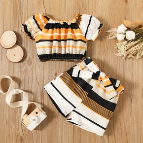 2pcs Toddler Girl Stripe Ruffled Off Shoulder Short-sleeve Tee and Belted Shorts Set