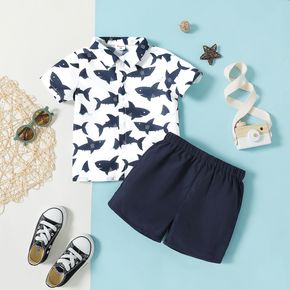 2pcs Toddler Girl Shark Print Lapel Collar Short-sleeve Shirt and Dark Blue Shorts Set