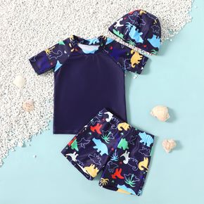 3pcs Toddler Boy Dinosaur Print Top & Shorts & Cap Swimsuit Set