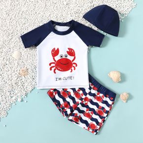 3pcs Toddler Boy Vacation Crab Print Tee & Shorts & Cap Swimsuit Set