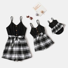 Black and Plaid Splicing Spaghetti Strap Button Belted Romper for Mom and Me