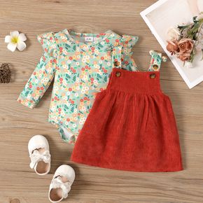 2pcs Baby Girl Floral Print Ruffle Long-sleeve Romper and Corduroy Overall Dress Set