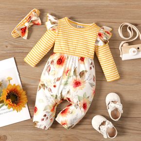 2pcs Baby Girl Yellow Striped Splicing Floral Print Ruffle Long-sleeve Jumpsuit with Headband Set