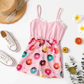 Kid Girl Floral Embroidered Donut Print Splice Cami Rompers Jumpsuits Shorts