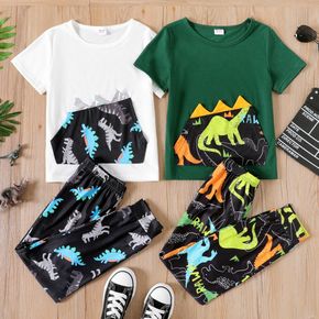 2-piece Kid Boy Animal Dinosaur Print Spike Design Short-sleeve Tee and Elasticized Pants Set