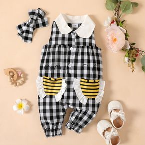 100% Cotton 2pcs Baby Girl Peter Pan Collar Cartoon Bee Design Plaid Sleeveless Jumpsuit with Headband Set