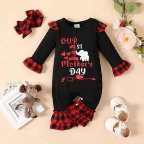 Mother's Day 2pcs Baby Girl Red Plaid Ruffle Splicing Letter Print Ribbed Long-sleeve Jumpsuit with Headband Set