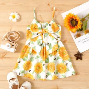 Baby Girl All Over Sunflower Floral Print Spaghetti Strap Bowknot Dress