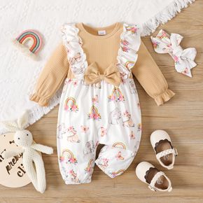 Easter 2pcs Baby Girl Solid Ribbed Splicing Rainbow and Animal Print Ruffle Long-sleeve Jumpsuit with Headband Set