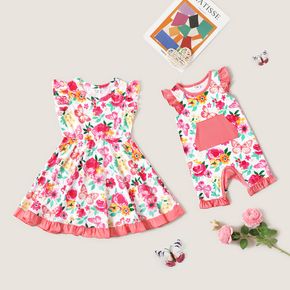 Sibling Matching All Over Butterfly and Floral Print Ruffle Flutter-sleeve Dress and Romper Set