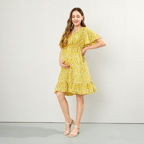 Maternity Yellow Print V Neck Short-sleeve Ruffle Hem Dress