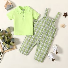 2pcs Baby Boy/Girl 95% Cotton Short-sleeve Polo Shirt and Plaid Overalls Set