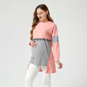Maternity Color Block High Low Hem Round Neck Long-sleeve Pullover