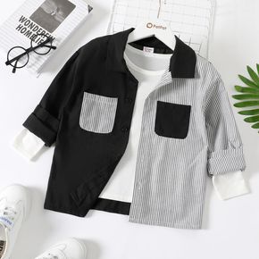 Kid Boy Lapel Collar Button Design Stripe Two Tone Long-sleeve Shirt