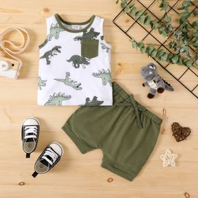 2pcs Baby Boy Allover Dinosaur Print Sleeveless Tank Top and Solid Shorts Set