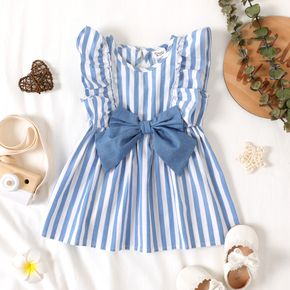 Baby Girl Blue Striped Sleeveless Ruffle Bowknot Dress