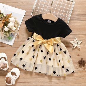 Baby Girl Solid Short-sleeve Splicing Stars Print Mesh Dress