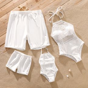 Family Matching White Swim Trunks Shorts and Spaghetti Strap Halter Neck Lace Hollow-out One-Piece Swimsuit