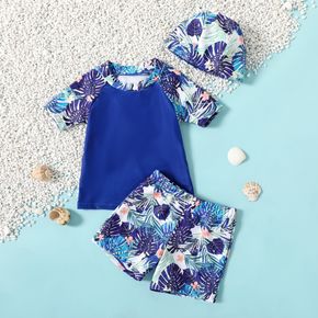 3pcs Toddler Boy Floral Leaf Print Top & Shorts & Cap Swimsuit Set