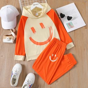 2-piece Kid Girl Smile Emojis Print Colorblock Raglan Sleeve Hoodie Sweatshirt and Orange Pants Set