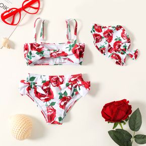 3pcs Baby Girl Allover Floral Print Spaghetti Strap Bowknot Two-Piece Swimwear with Hat Set