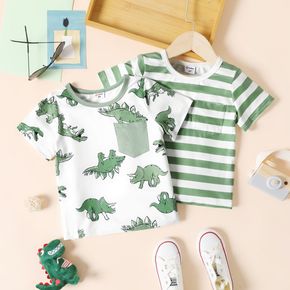 Toddler Boy Animal Dinosaur Print/Stripe Pocket Design Short-sleeve Tee