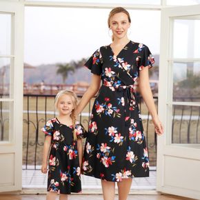All Over Floral Print Black V Neck Short Ruffle Sleeve Belted Wrap Dress for Mom and Me