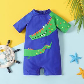 Baby Boy Cartoon Dinosaur Print Splicing Short-sleeve Blue One-Piece Swimsuit