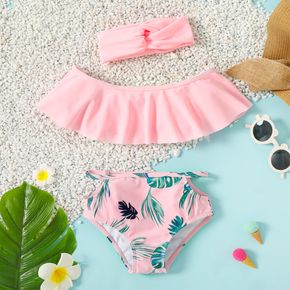 3pcs Toddler Girl Solid Top and Leaf Allover Shorts with Headband Swimsuit Set