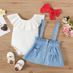 3pcs Baby Girl Solid Ruffle Collar Sleeveless Romper and 100% Cotton Imitation Denim Suspender Skirt with Headband Set