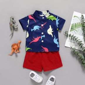 2pcs Baby Boy All Over Dinosaur Print Short-sleeve Shirt and 100% Cotton Shorts Set