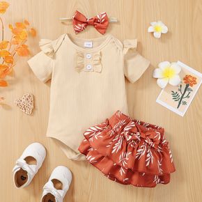 3pcs Baby Girl Solid Ribbed Short-sleeve Ruffle Romper and Leaf Print Layered Shorts with Headband Set