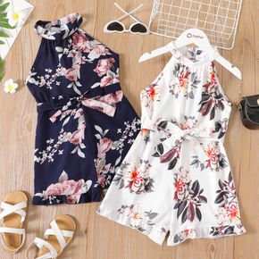 Kid Girl Floral Print Ruffled Cuff Belted Halter Rompers Jumpsuits Shorts