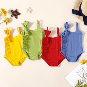 Baby Girl Solid Ribbed Spaghetti Strap Bowknot Ruffle One-Piece Swimsuit