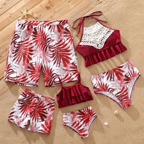 Family Matching All Over Leaves Print Swim Trunks Shorts and Spaghetti Strap Ruffle Two-Piece Swimsuit