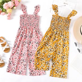 Kid Girl 100% Cotton Floral Print Smocked Cami Jumpsuits