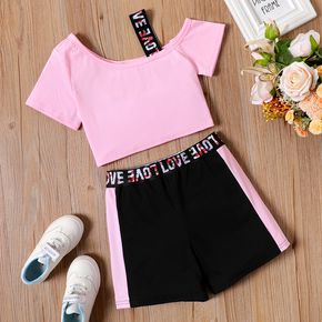 2-piece Kid Girl Letter Print Strap Pink Tee and Elasticized Colorblock Shorts Set