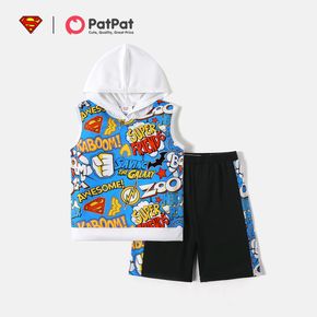 superman 2pcs kid bot letter print hooded sleeve tee and colorblock shorts set