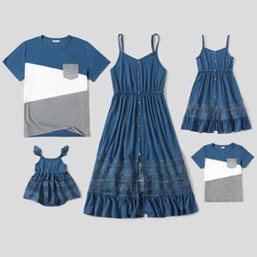 مطابقة عائلية لفساتين مكشكشة من الدانتيل بأزرار سباغيتي زرقاء ومجموعة قمصان بأكمام قصيرة من colorblock