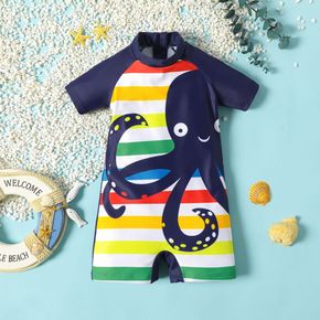 طفل رضيع طفل الأخطبوط طباعة مخطط سستة قصيرة الأكمام ملابس السباحة قطعة واحدة