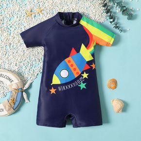 طفل صبي صاروخ إلكتروني طباعة مخطط قصيرة الأكمام ملابس السباحة قطعة واحدة