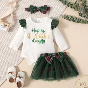 St. Patrick's Day 3pcs Baby Girl Four-leaf Clover Letter Print Long-sleeve Romper and Plaid Mesh Skirt with Headband Set