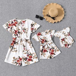 Floral Print White Cross Wrap V Neck Ruffle-sleeve Belted Romper for Mom and Me