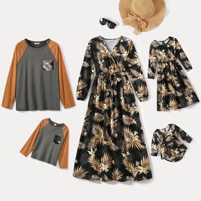 Family Matching Floral Print Long-sleeve Belted Dresses and Color Block T-shirts Sets