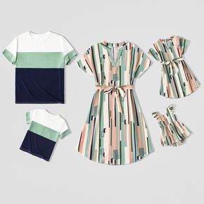 Family Matching Geometric Striped V Neck Drop Shoulder Belted Dresses and Colorblock Short-sleeve T-shirts Sets